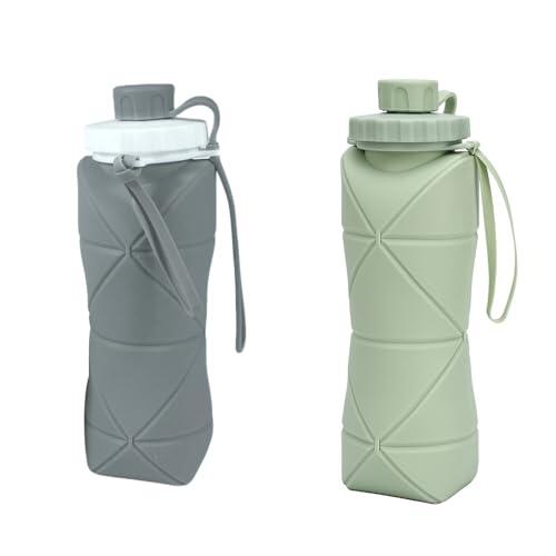 UMCHU 2 piezas Botellas de Agua de Silicona Plegables,Botellas de agua plegables,Botella de Agua Plegable a Prueba de Fugas,600 ml/21oz,para correr,montar en bicicleta,entrenar,hacer senderismo