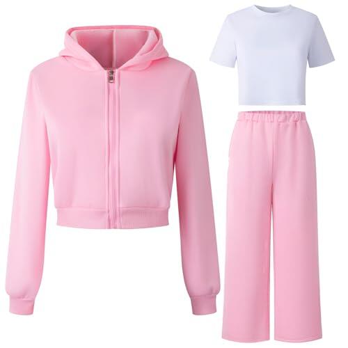 amropi Niña 3 Piezas Chándal Sudadera con Capucha y Camiseta y Pantalones de Pierna Ancha Conjunto de Deportivo Rosa,9-10 años