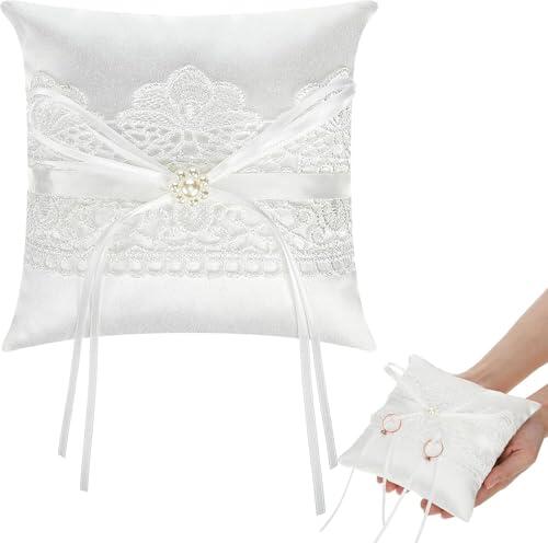 YEAMLTE Cojin de Anillos Boda Blanco Porta Anillos Boda 15x15cmcojin Anillos Boda Alianzas con Cinta, Accesorios para Bodas y Aniversarios