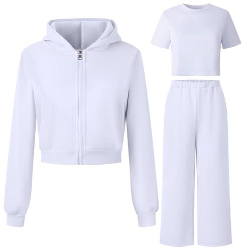 amropi Niña 3 Piezas Chándal Sudadera con Capucha y Camiseta y Pantalones de Pierna Ancha Conjunto de Deportivo Blanco,9-10 años