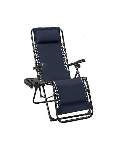 Weida Home Tumbona Plegable para Exterior | Reposapiés y Cojín Ajustable | Silla Reclinable Bandeja Lateral para Bebidas, Móvil y Libros | para Terraza, Camping, Playa, Piscina (Azul Oscuro)