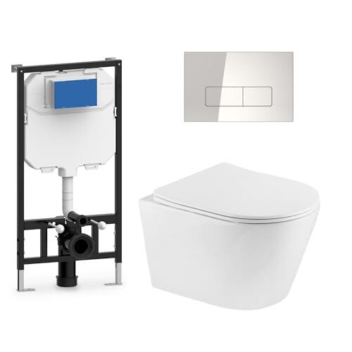Inodoro Suspendido Completo con Bastidor y Pulsador. WC Colgante con Cierre Suave Soft Close. Sanitarios WC para Baño. Doble Descarga 3/6L. Váter de Porcelana Blanca