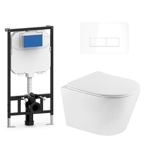 Inodoro Suspendido Completo con Bastidor y Pulsador. WC Colgante con Cierre Suave Soft Close. Sanitarios WC para Baño. Doble Descarga 3/6L. Váter de Porcelana Blanca