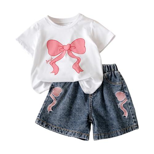 Eqenkely Conjunto Ropa para Niña Tee Shirt de Manga Corta y Pantalones Cortos Vaqueros Traje de Verano Conjuntos Moda Ocio dos Piezas para Niño Blanco 6 Años