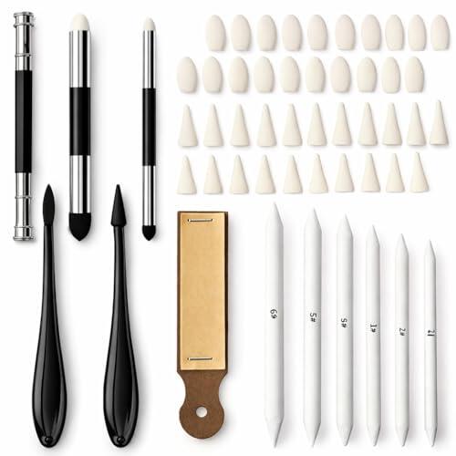 ACKKOR Set 52 piezas de difuminadores para dibujo, herramientas de doble punta para pasteles al óleo, con goma de borrar y 40 cabezales de esponja para estudiantes y artistas