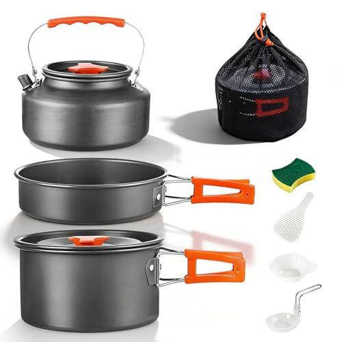 Juego de ollas para acampar, 10 pilas de cocina al aire libre, juego de cocina de camping, que incluye una cacerola, una sartén y teteras para 3 a 5 personas, para senderismo, pesca, barbacoa