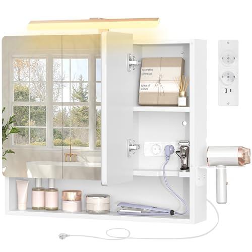 TEENFON Armario Espejo Baño con Iluminación, Brillo Ajustable, 3 Colores, 3 Puertas, Múltiple Toma de Corriente, Estantes Ajustables, Soporte para Secador de Pelo,70 * 15 * 65cm