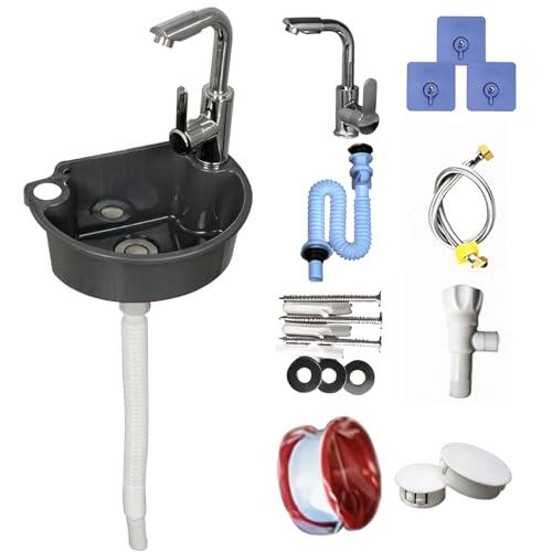 Lavabo de Pared de Plástico con Grifo Mezclador, Kit Completo con Tubo de Desagüe y Mangueras Lavamanos Compacto para Baño Jardín y Camping (Gris)