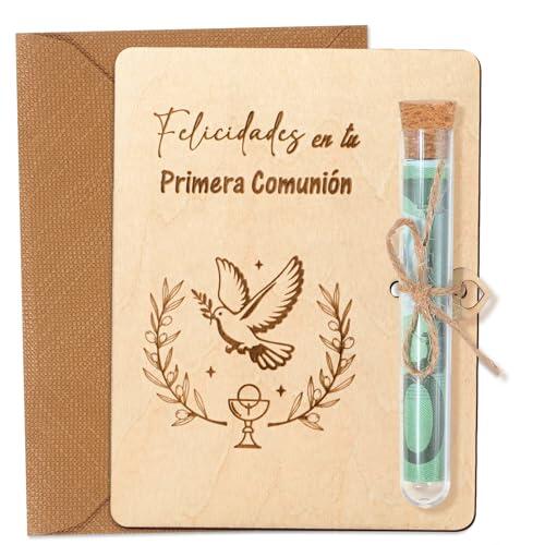 DPKOW Dinero Tarjeta Regalo Primera Comunión Niño Niña, Madera Tarjeta para Notas Vales Cupones Sopresas, Forma Original de Regalar Dinero Sobre Comunion Niños, con Sobre