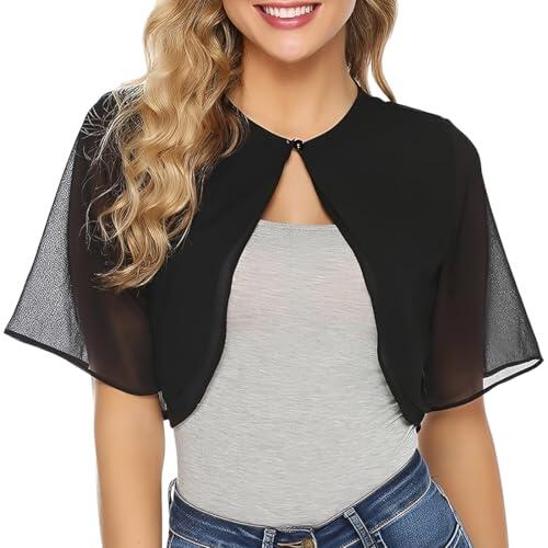 PHYNDR 1 Pieza Cubrahombros Mujer Chifón Bolero Corto Veraniego Bolerito Ligero Transparente Shrug Abierto Casual Elegante Manga Corta Cardigan para Boda Ceremonia Festiva, Negro