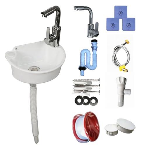 Lavabo de Pared de Plástico con Grifo Mezclador, Kit Completo con Tubo de Desagüe y Mangueras Lavamanos Compacto para Baño Jardín y Camping (Blanco)