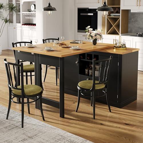 kowdom Isla de cocina independiente giratoria 360° extensible 120-180 cm – Mesa de bar con espacio de almacenamiento y estante para vinos, armario de cocina con encimera, aparador con compartimentos