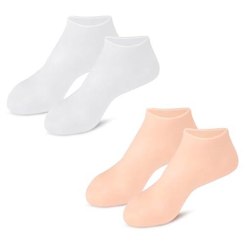 BDEPSTR 2 Pares de Calcetines de Silicona Hidratantes para Mujer, Fundas de Gel para Cuidado de Pies y Talones Agrietados, Talla 36-40, Color Blanco y Piel