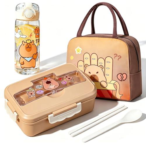 Capybara Fiambreras Bento Niños, Bento Lunch Box con Botella Agua Bolsa Térmica Cubiertos Caja de Almuerzo Escuela Fiambrera Hermética Lonchera Prueba de Fugas para Escuela Viajes Picnic Trabajo