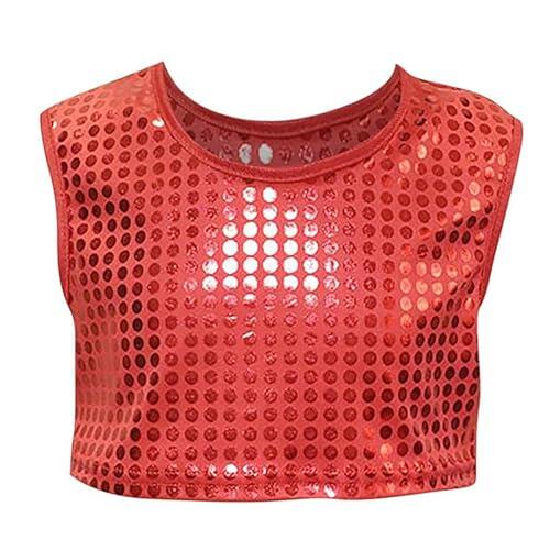 Camiseta infantil de animadora con lentejuelas para equipos de danza y preescolar, rojo, 4-6 años