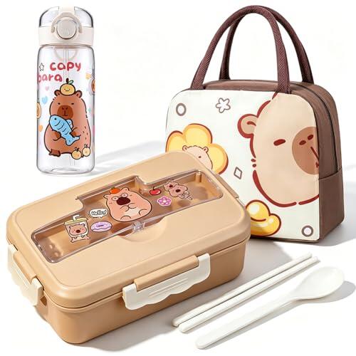 Capybara Fiambreras Bento Niños, Bento Lunch Box con Botella Agua Bolsa Térmica Cubiertos Caja de Almuerzo Escuela Fiambrera Hermética Lonchera Prueba de Fugas para Escuela Picnic Viajes Trabajo