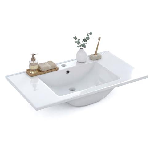 duehome | Lavabo Cerámico Color Blanco, Pila Lavamanos Rectangular, Modelo Volga, Medidas: 81,5 cm (Ancho) x 13 cm (Alto) x 46 cm (Fondo)
