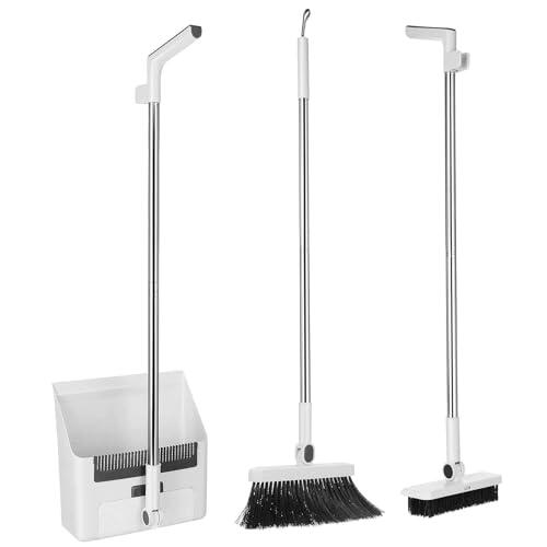 OFFIGAM Juego de Escoba Multifunción y Recogedor con Mango Largo y Dientes Retráctiles, 5 Piezas Blanco, Plástico Resistente, para Interiores y Exteriores, Kit Ahorro Espacio y Limpieza