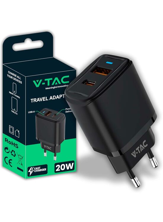V-TAC Cargador USB-C Carga Rapida PD 20W para iPhone y Samsung - Ultra Rápido Smartphones y Dispositivos - 2 Puertos USB Tipo C y USB A para iPhone 14/15/16/17 Pro/MAX e Galaxy S25 / S26 / A56