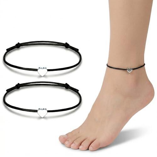 Pack de 2 Tobilleras para Mujer con Corazón de Plata, Pulseras de Hilo Trenzado Negro Ajustables, Tobillera de Cuerda Hecha a Mano, Joyería de Verano para Pies y Muñecas