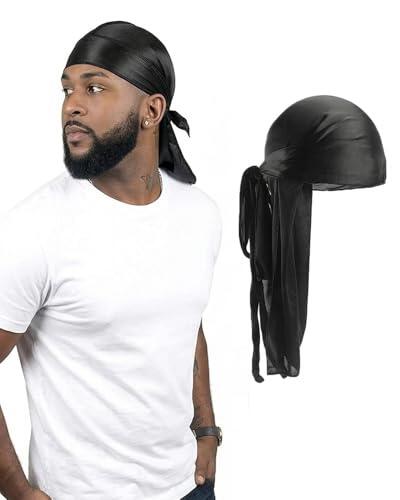 KAHZOR 1 Pieza Durag Negro para Hombre, Gorro Pirata Sedoso con Cola Larga, Elástico y Transpirable para Ondas 360°, Protección Capilar y Estilo Urbano