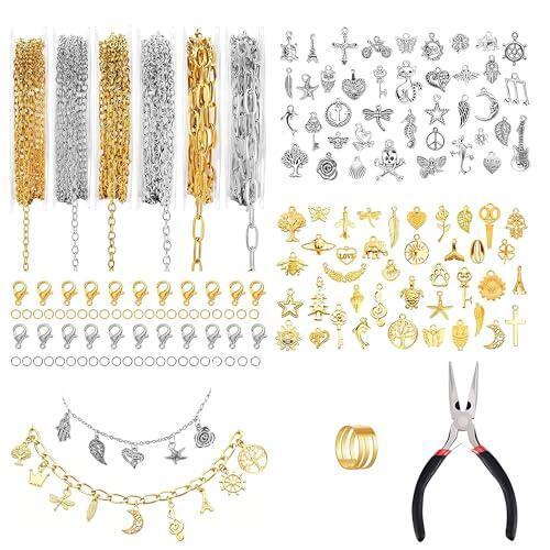 HOMIKLSA 6 Rollos Cadenas Hacer Joyas, Cadena de Acero Inoxidable, Kit Completo DIY Joyas Pulseras Collares, Incluye 80 Colgantes con diseños aleatorios (Dorado y Plateado)