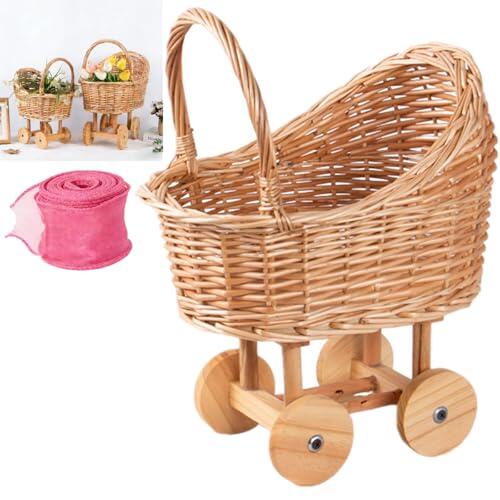 Cesta de mimbre vintage para cochecito de bebé, cesta de flores tejida con forma de cochecito de ratán, con asa, carro de mimbre para ducha, para boda, baby shower, centro de mesa, almacenamiento de