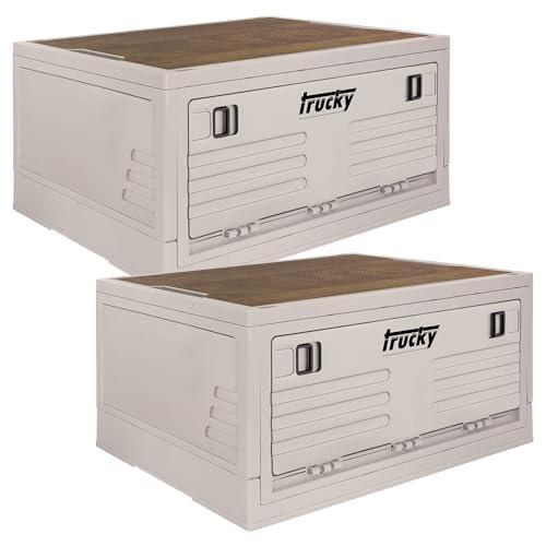 Trucky Caja de almacenamiento con tapa, juego de 2 unidades, 35 L, 48 x 30 x 24 cm, camping, caja plegable, caja de almacenamiento con tapa, plegable, color beige