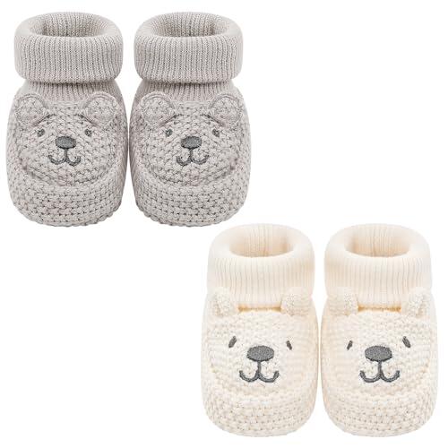 LACOFIA 2 Pares Patucos de Punto Recién Nacido Botitas Suaves Bebé Niño Niña 0-3 Meses Oso Beige+Oso Marrón