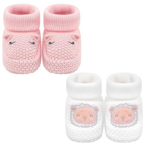LACOFIA 2 Pares Patucos de Punto Recién Nacido Botitas Suaves Bebé Niño Niña 0-3 Meses Gato Rosa+Oveja Blanco
