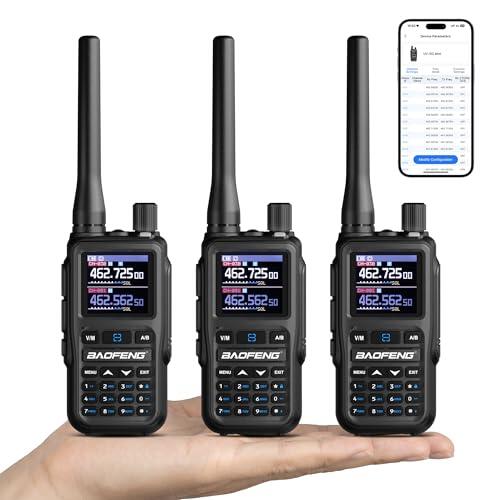 Baofeng GT-5R Mini Walkie Talkie 5W Doble Banda VHF UHF, Programación Inalámbrica por App, 999 Canales, Doble PTT, Puerto de Carga USB-C, Airband/FM, Linterna, Gris(Pack de 3)