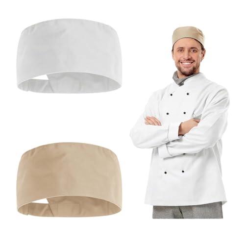 2 Piezas Gorros de Chef Profesionales, Gorros Chef Negro Unisex, Gorro de Chef para Hombre, Chef Gorro de Cocinero, Gorro de Cocinero Unisex, algodón, Apto para restaurantes, cocinas,Blanco + Beige