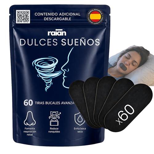 Raian Dulces Sueños Mouth Tape ÉLITE Premium 60 Unidades, Tiras Bucales Avanzadas, Cinta Bucal para Dormir, Adhesivo Suave, Favorece la Respiración Nasal, Ayuda a Dormir con la Boca Cerrada + QR.