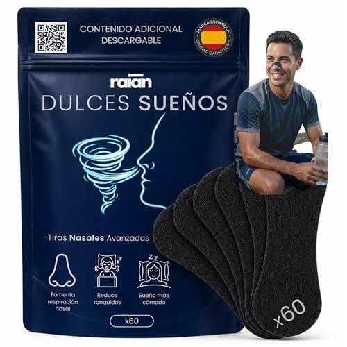 Raian Dulces Sueños Tiras Nasales ELITE, Nasal strips, para Dormir Premium, 60 Tiras Antironquidos, Dilatador Nasal para Respirar Mejor por la Nariz, Uso Nocturno y Deportivo, Pack 60 Incluye QR