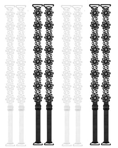 YIPFEN 4 pares de tirantes de sujetador ajustables para mujer, con encaje decorativo, reemplazo antideslizante y elástico para camisetas de tirantes y vestidos, en negro y blanco.