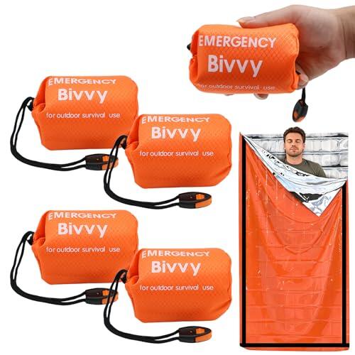 WPPQWP 4 unidades de saco de dormir de emergencia ultraligero para vivac, manta de rescate, equipo de emergencia con silbato, protección contra el frío, equipo de supervivencia, reutilizable para