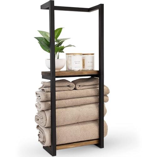 Toallero de dos niveles negro para el cuarto de baño – Toallero vertical montado en la pared con estante, sin taladrar, toallero de invitados autoadhesivo, toallero de baño adhesivo