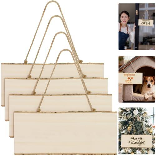 FTISSLY Pack de 4 Cartel Madera Colgante de Boj Macizo 25x10x1cm Letreros de Madera sin Terminar Placas para Manualidades Pirograbado y Grabar a Láser para Bodas, Jardines y Decoración Navidad