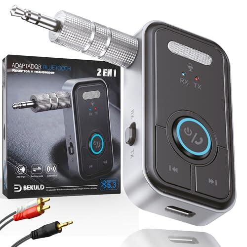 BEKULD® Super Pack Receptor Bluetooth y Transmisor Bluetooth 5.3 Jack 3.5 + RCA | Adaptador Bluetooth Coche AUX y TV | Manos Libres Coche Bluetooth HD, Baja latencia, batería 12h