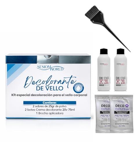 SesiomWorld Kit Decoloración Vello Corporal Profesional – 2 Cremas 20 Vol + 2 Sobres Polvo Decolorante + Brocha Aplicadora – Aclarado Seguro y Uniforme para Cuerpo