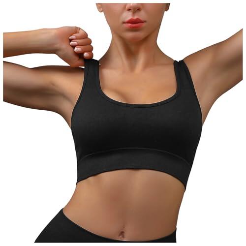 Generisch 2026 Sujetadores deportivos de soporte medio para mujer tops de entrenamiento sin vientre con almohadillas extraíbles sujetador de yoga racerback, Negro , S