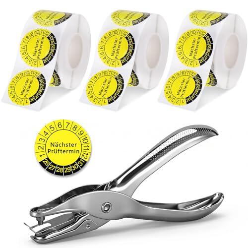 Zocipro 3 Rollos Etiquetas de Inspección de 30 mm con Tenazas Perforadoras – Etiquetas Amarillas de Inspección Plurianual 2026-2031, para Inspección Periódica de Escaleras y Peldaños, 500 /Rollo