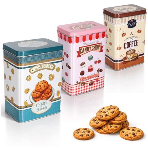 com-four® set de 3 recipientes – latas metálicas con tapa en 3 tamaños – para galletas, dulces y café – estilo retro para cocina