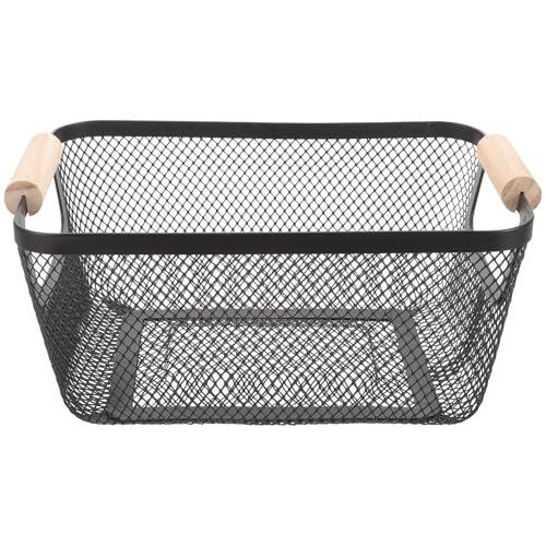 EXAOMBLE Cesta Metálica de Rejilla Negra Asa de Madera, Organizador Rectangular para Almacenamiento en Baño y Cocina, Tamaño Pequeño, Estilo Escandinavo Funcional