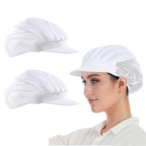 MIRKUZI Ropa de protección 2 gorros de chef elásticos, transpirables, ajustables, con visera, unisex, blancos.