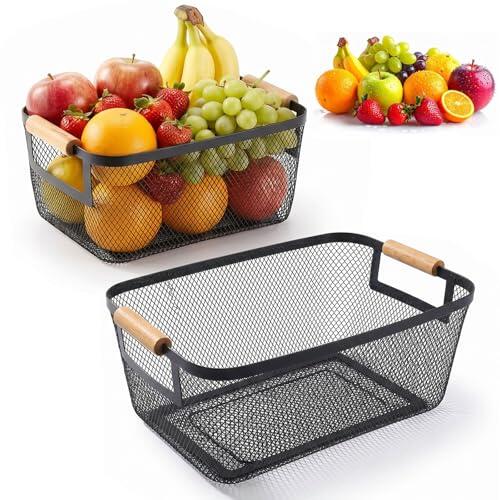 Dexpally 2 Piezas Cestas Organizadoras Cesta De Alambre Negro, Cesta De Metal con Asas De Madera para Cocina, Despensa, Baño, Dormitorio