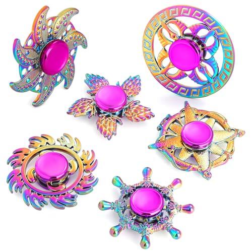 SCIONE Juguete Sensorial Fidget Spinner Pack de 6, Metal Arcoíris para Niños con Autismo y TDAH, Ayuda a la Concentración, Rotación 2-3 Min, Premios Escolares