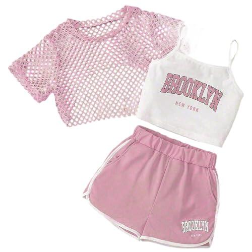 Conjunto infantil de 3 piezas para niñas con camiseta sin mangas estampada de top de malla de manga corta y pantalón corto para uso diario y perfecto para primavera y verano (11-12 Years) #5