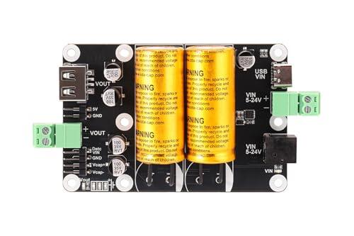 SCap Supercapacitor UPS Module 5V Output, 5V-24V Input Backup Power Board, Dual Supercapacitors, Type-C/DC/Screw Terminal Input, USB-A/Screw/Header Output, 15-110s Hold-Up, Protections, Status Leds