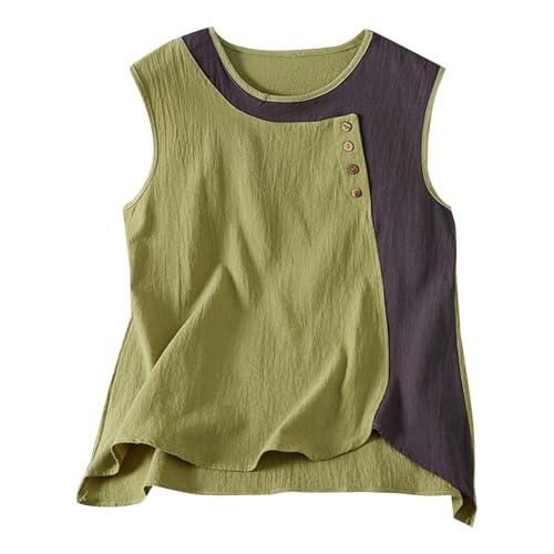 Camiseta sin mangas de lino y algodón para mujer, diseño retro bohemio con paneles de color de contraste, tela ligera y transpirable para días de playa y uso casual de verano, verde, XXL